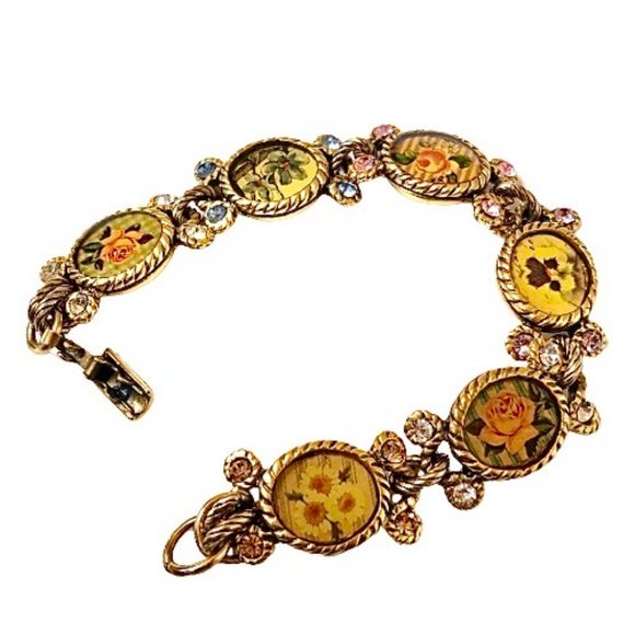 Maximal Art Collector Bracelet John Wind Various Flowers 14K GoldPlate on Pewter